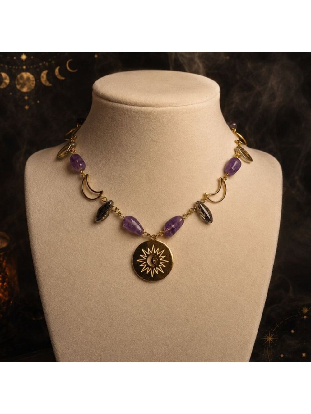 Amethyst Celestial Necklace Gold Moon Sun Charm Necklace Witchy Purple Gemstone